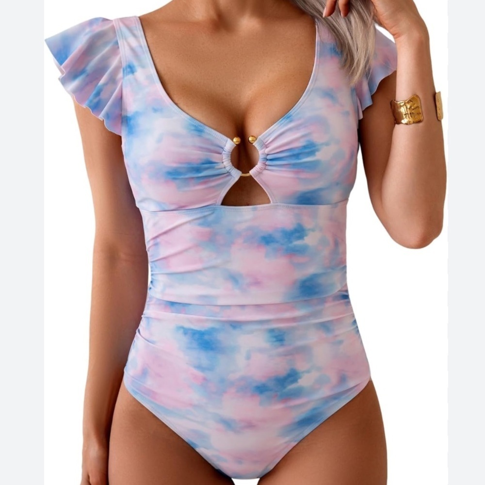 Swimsuit Pastel Tie-Dye watercolor  Ruffle Sleeves tummy control NEW 2xl